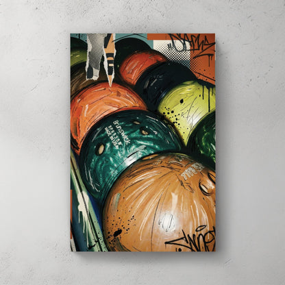 Colorful bowling balls on rack in pop art style