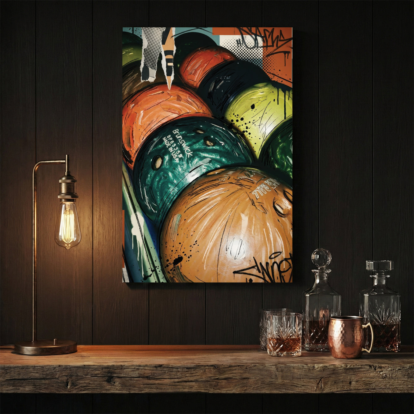 Colorful bowling balls on rack in pop art style