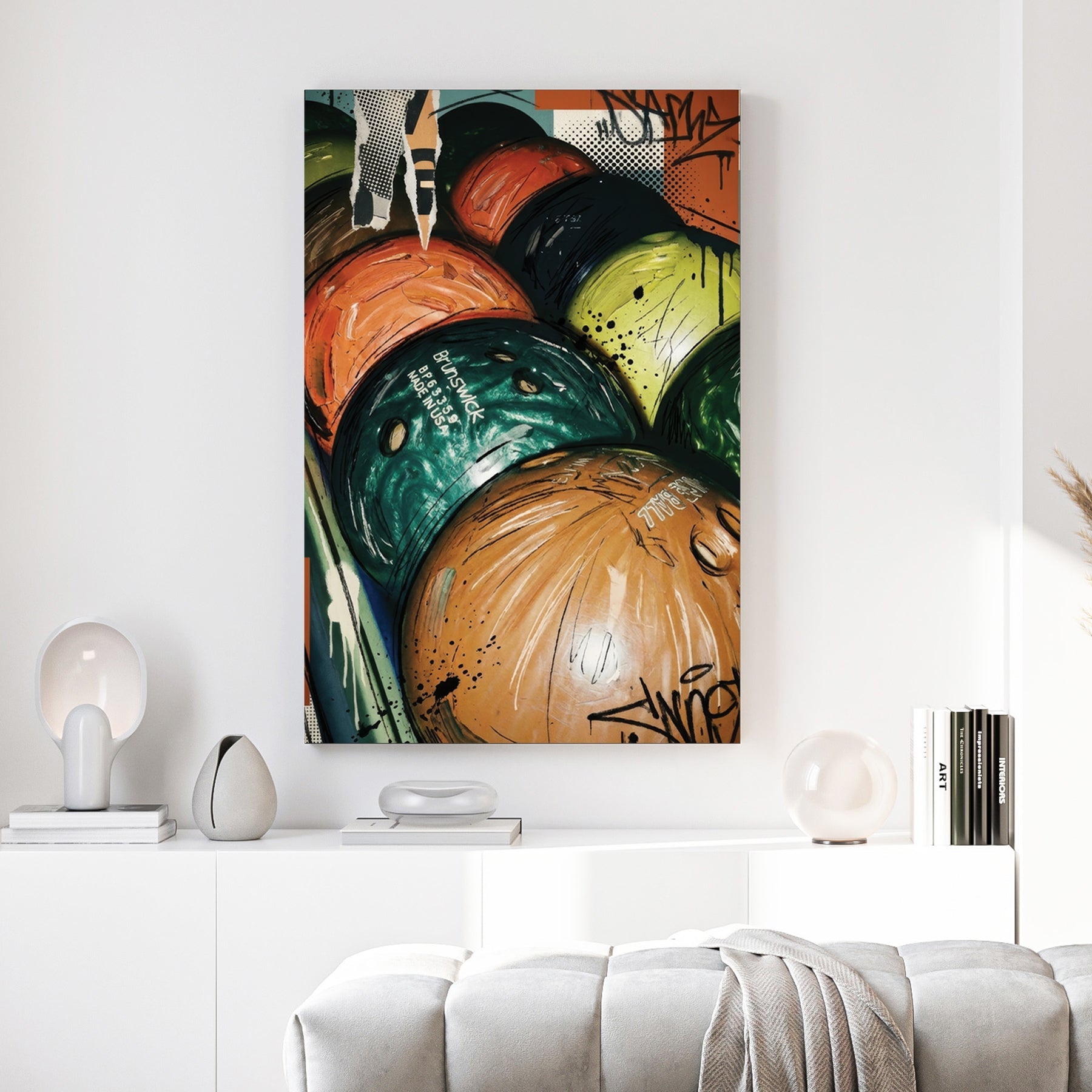 Colorful bowling balls on rack in pop art style