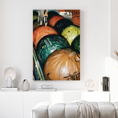 Colorful bowling balls on rack in pop art style