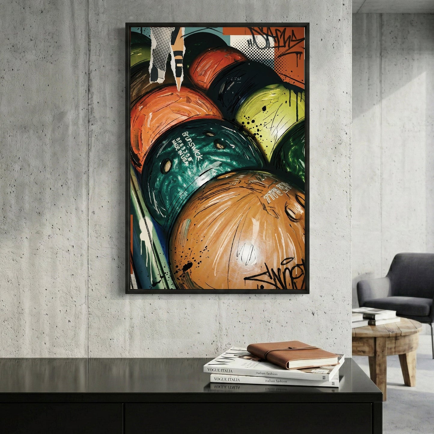 Colorful bowling balls on rack in pop art style