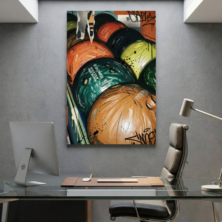 Colorful bowling balls on rack in pop art style