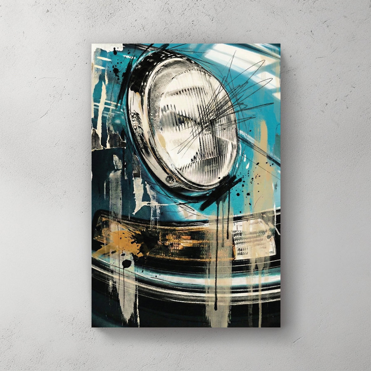 Porsche headlight close-up in blue mixed media art