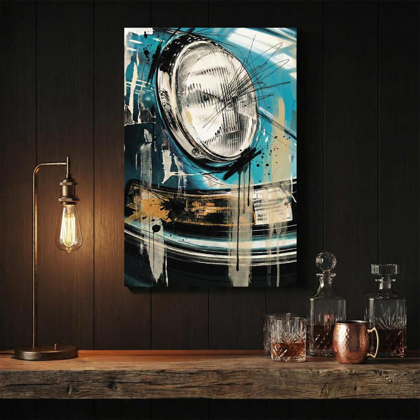 Porsche headlight close-up in blue mixed media art