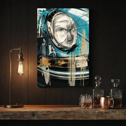 Porsche headlight close-up in blue mixed media art