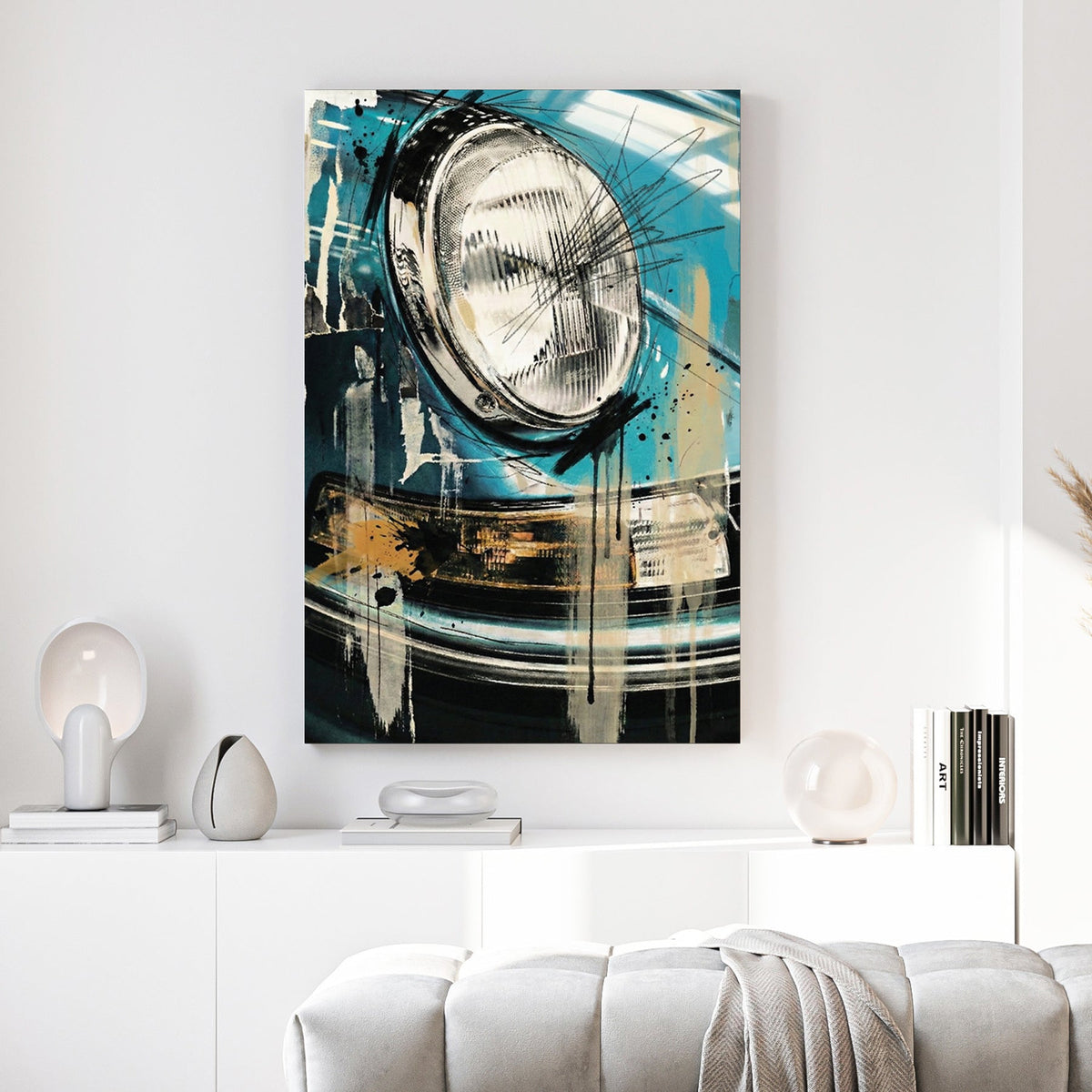 Porsche headlight close-up in blue mixed media art