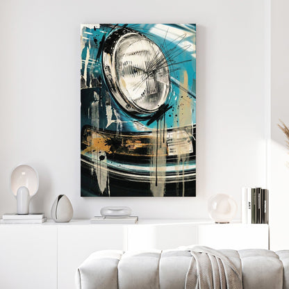 Porsche headlight close-up in blue mixed media art