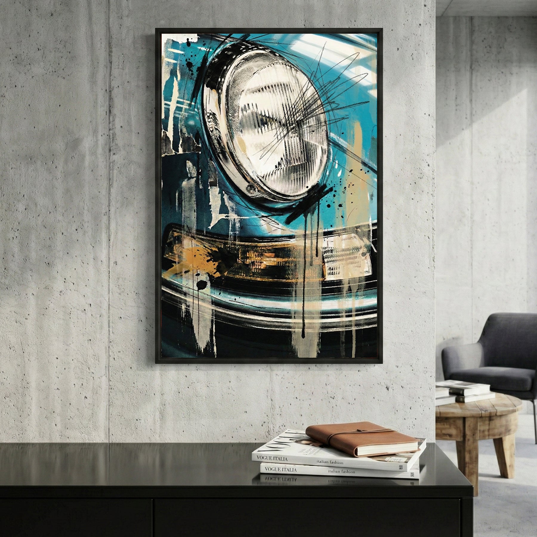 Porsche headlight close-up in blue mixed media art