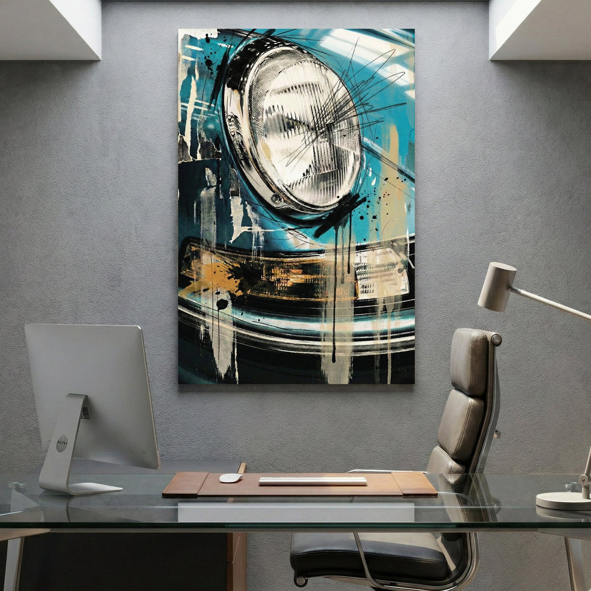 Porsche headlight close-up in blue mixed media art