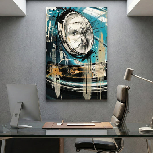 Porsche headlight close-up in blue mixed media art