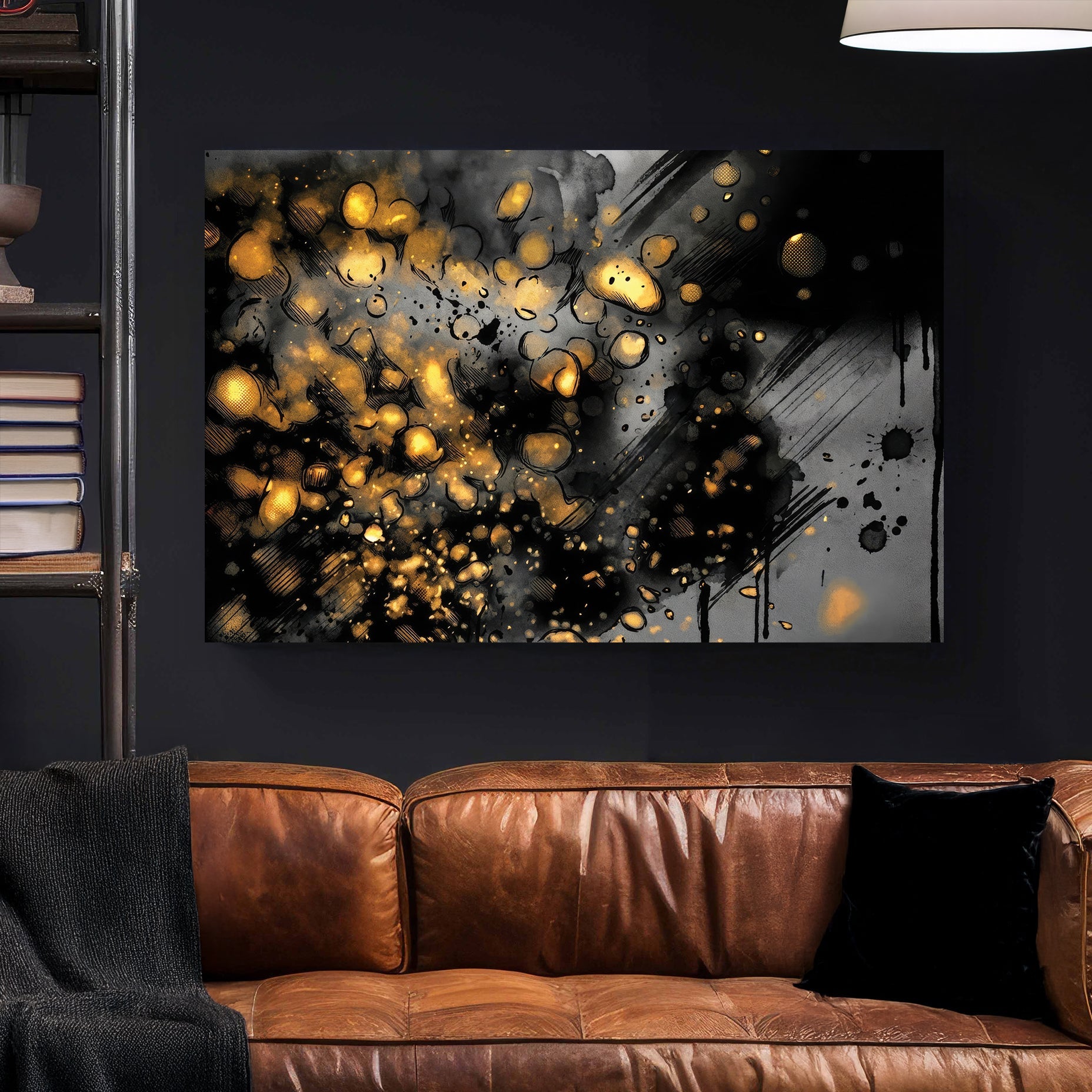 Gold orbs abstract mixed media wall art print