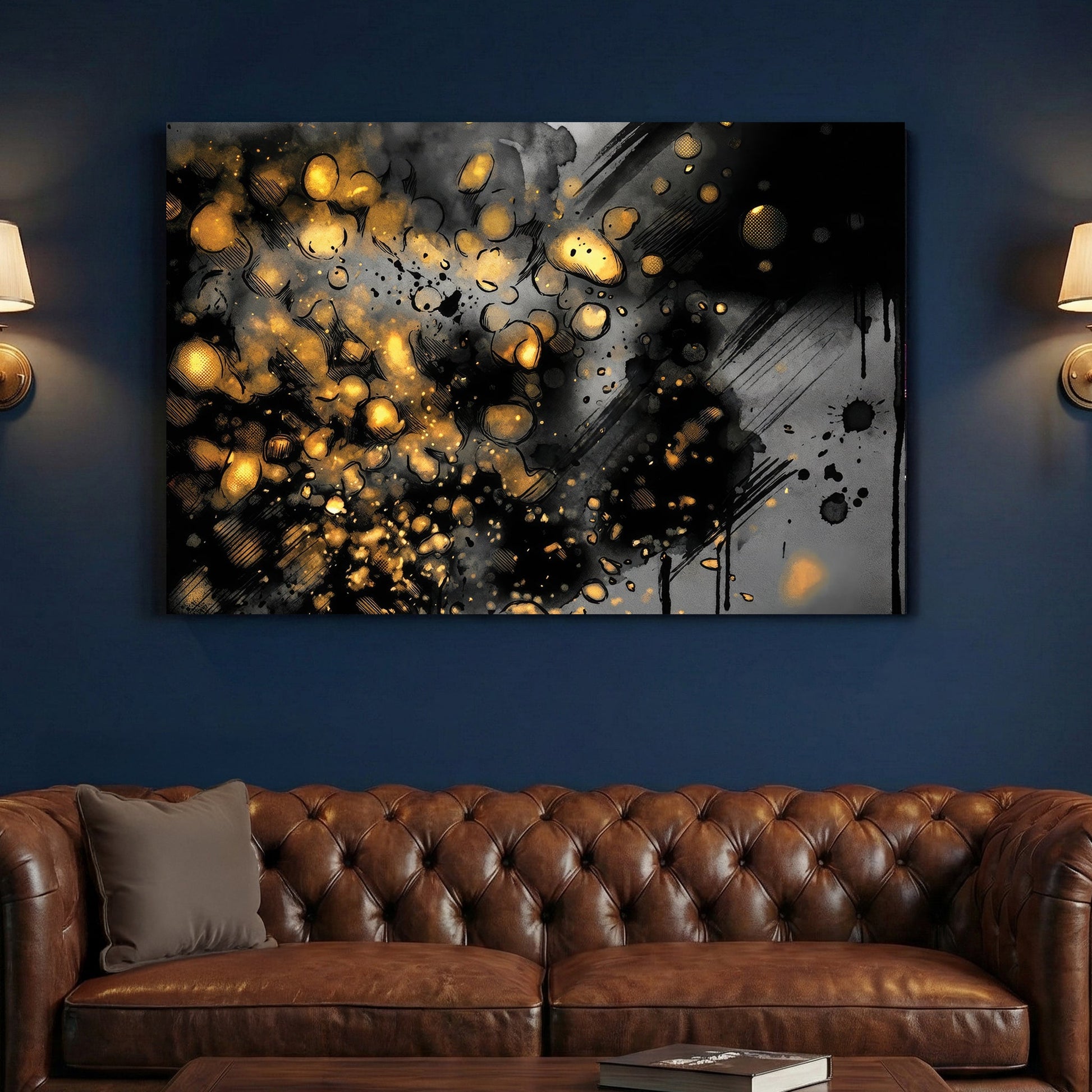 Gold orbs abstract mixed media wall art print