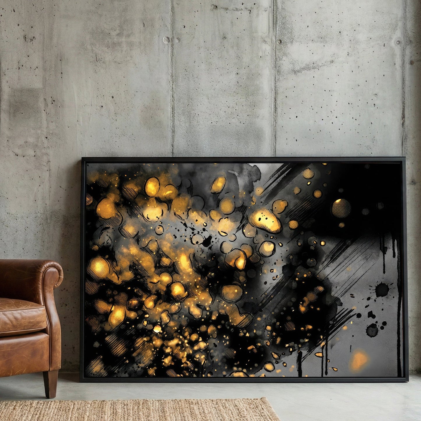 Gold orbs abstract mixed media wall art print