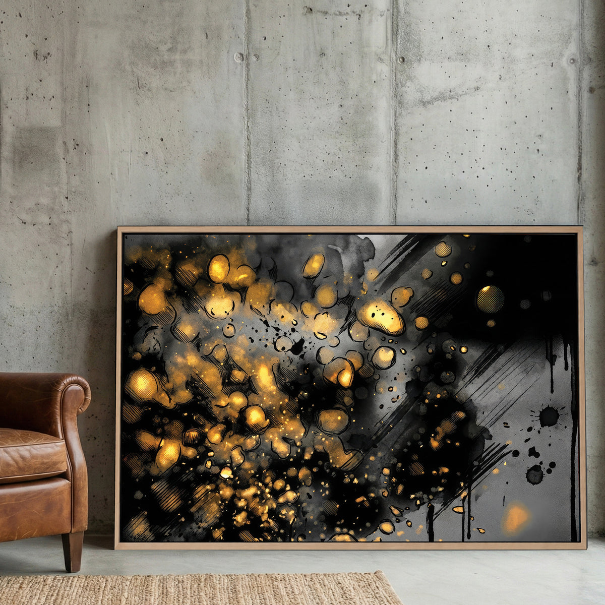 Gold orbs abstract mixed media wall art print