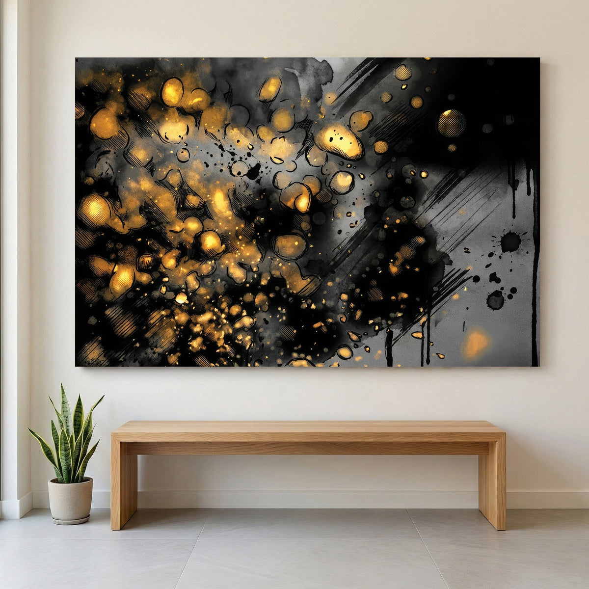 Gold orbs abstract mixed media wall art print