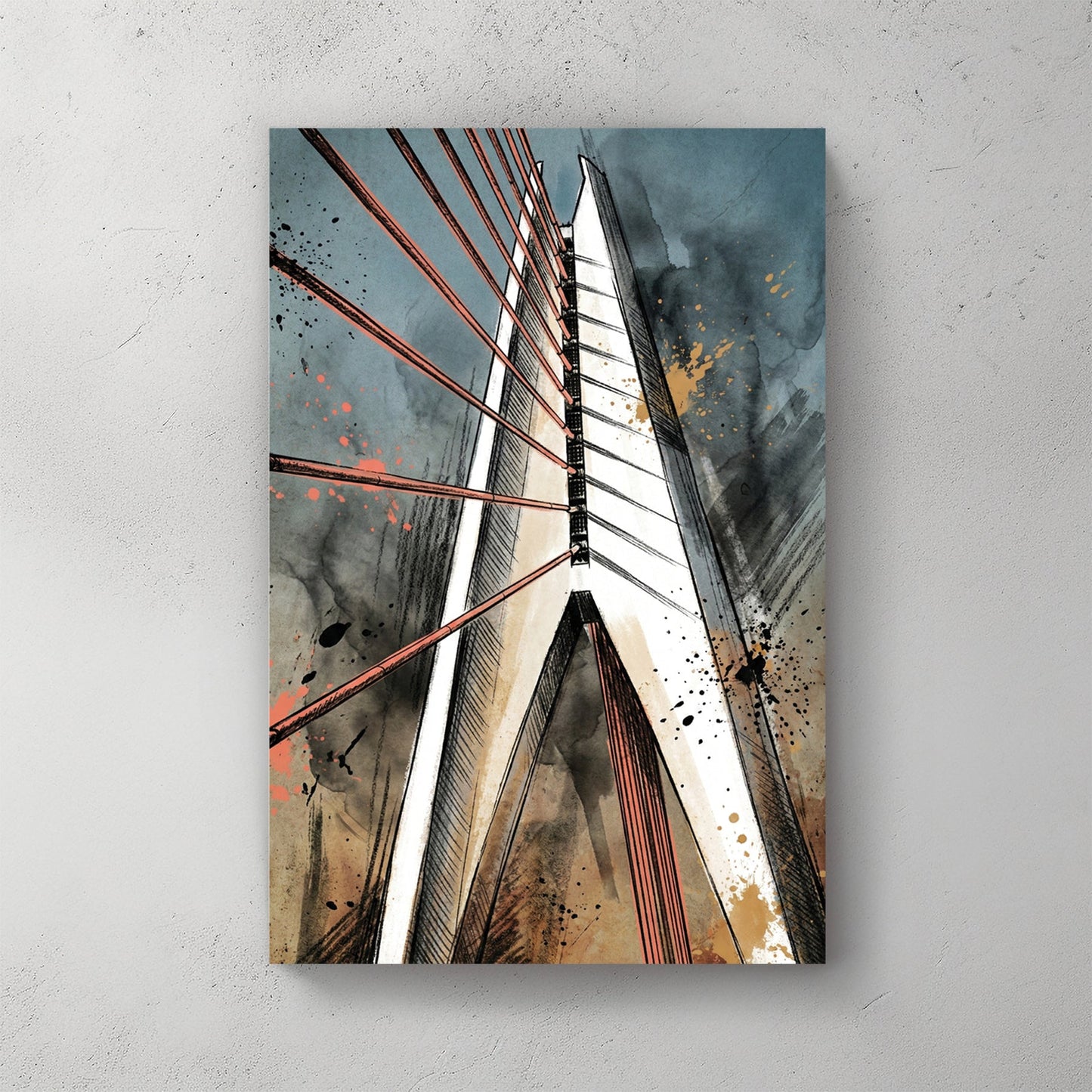 Bridge with red tension wires in contemporary mixed media art