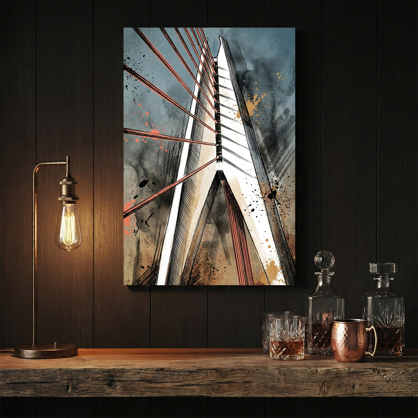 Bridge with red tension wires in contemporary mixed media art