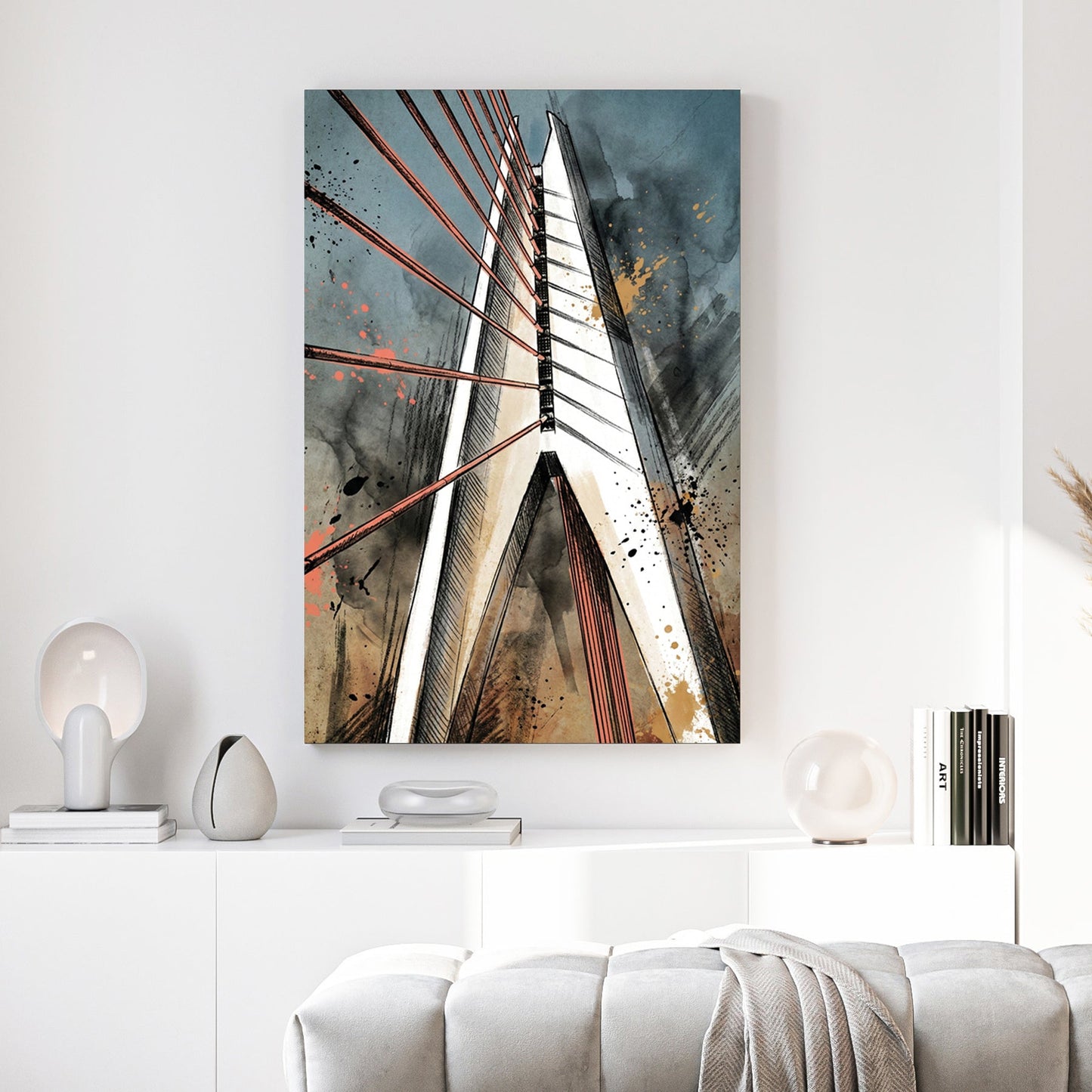 Bridge with red tension wires in contemporary mixed media art
