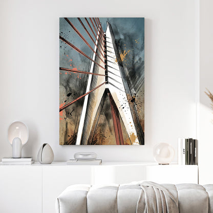Bridge with red tension wires in contemporary mixed media art