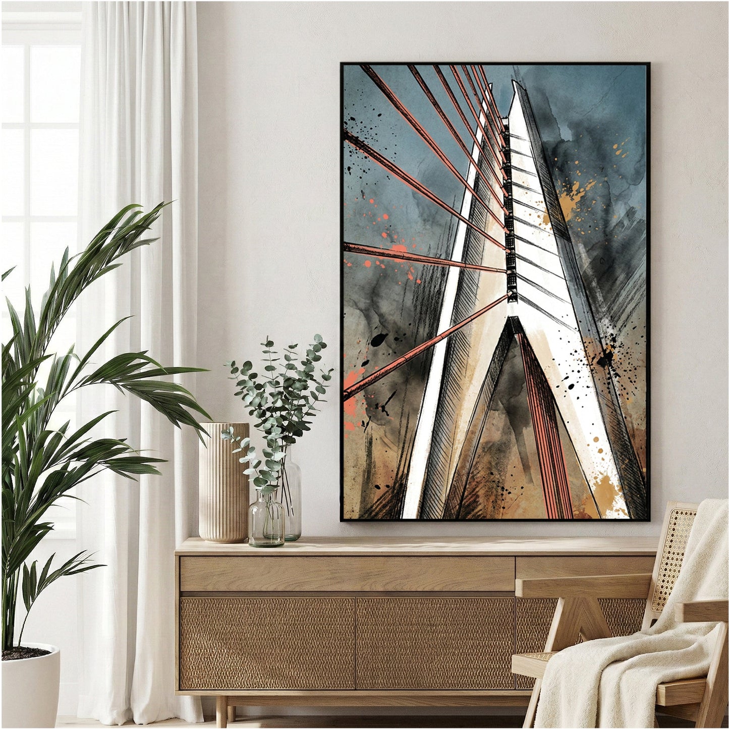 Bridge with red tension wires in contemporary mixed media art