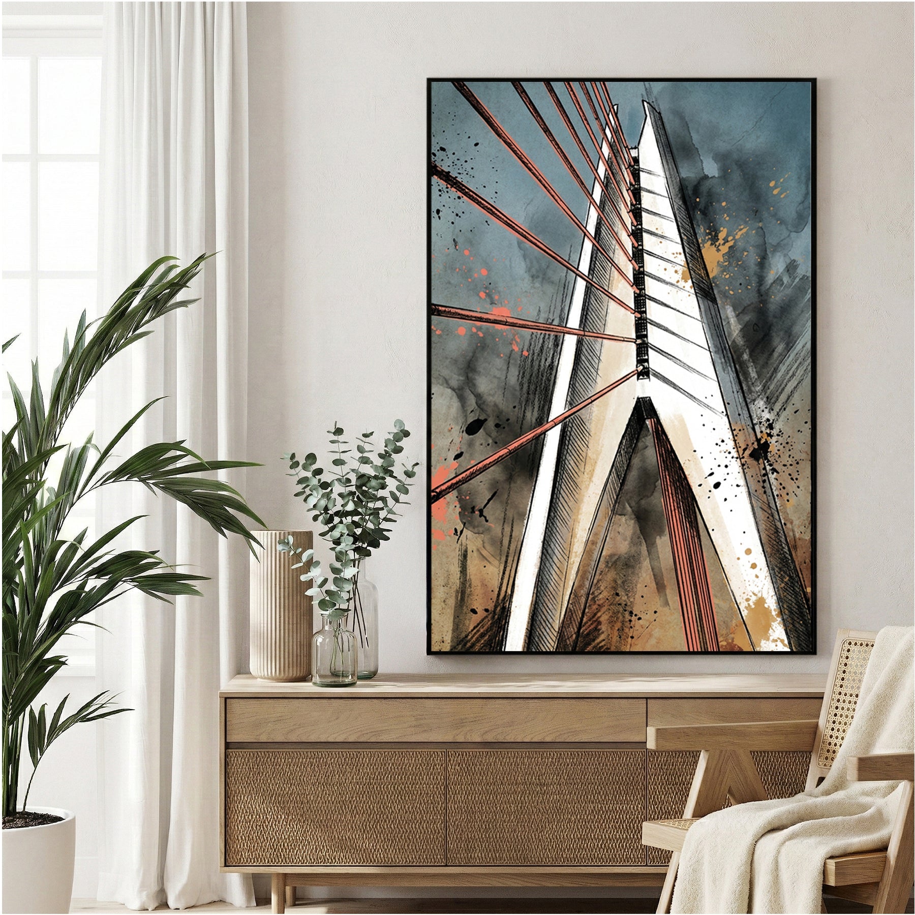 Bridge with red tension wires in contemporary mixed media art