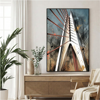 Bridge with red tension wires in contemporary mixed media art