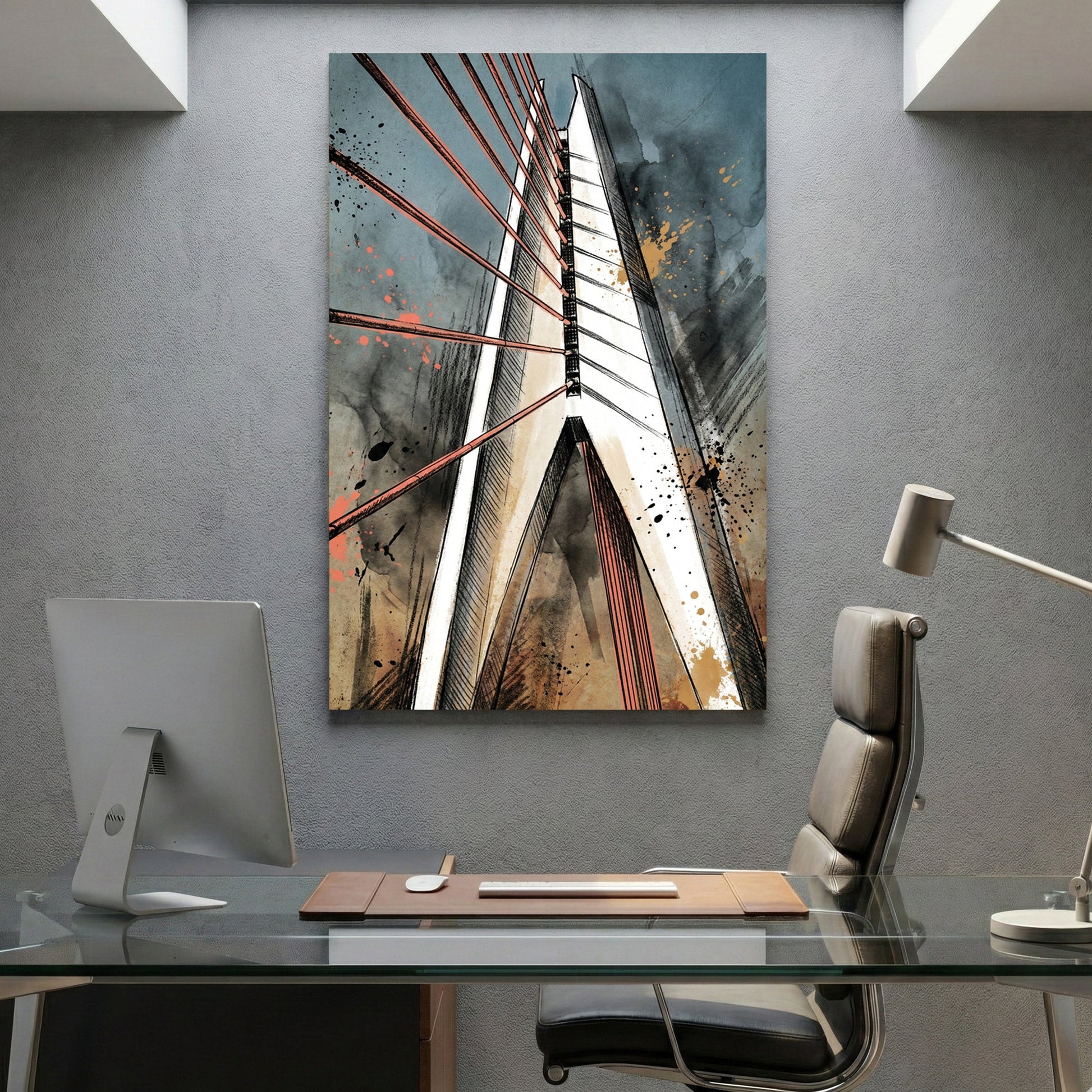 Bridge with red tension wires in contemporary mixed media art