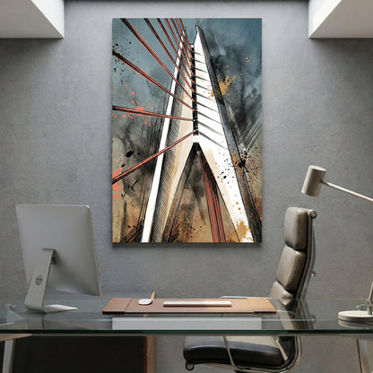 Bridge with red tension wires in contemporary mixed media art