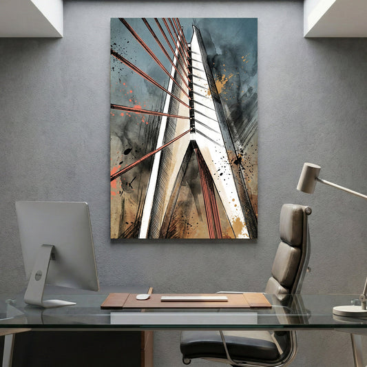 Bridge with red tension wires in contemporary mixed media art