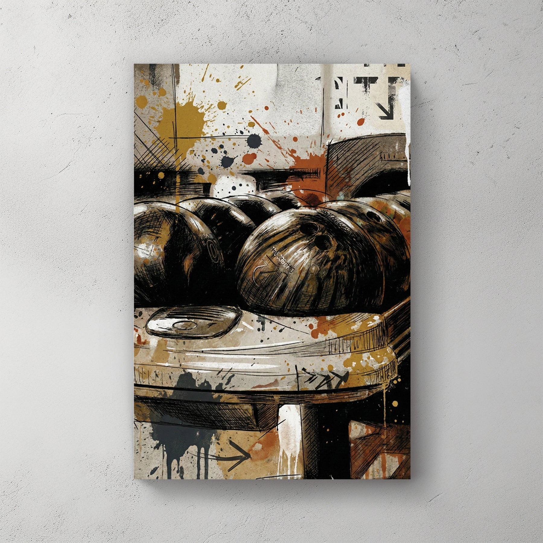 Bowling balls in alley with retro mixed media style