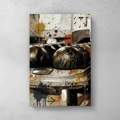 Bowling balls in alley with retro mixed media style