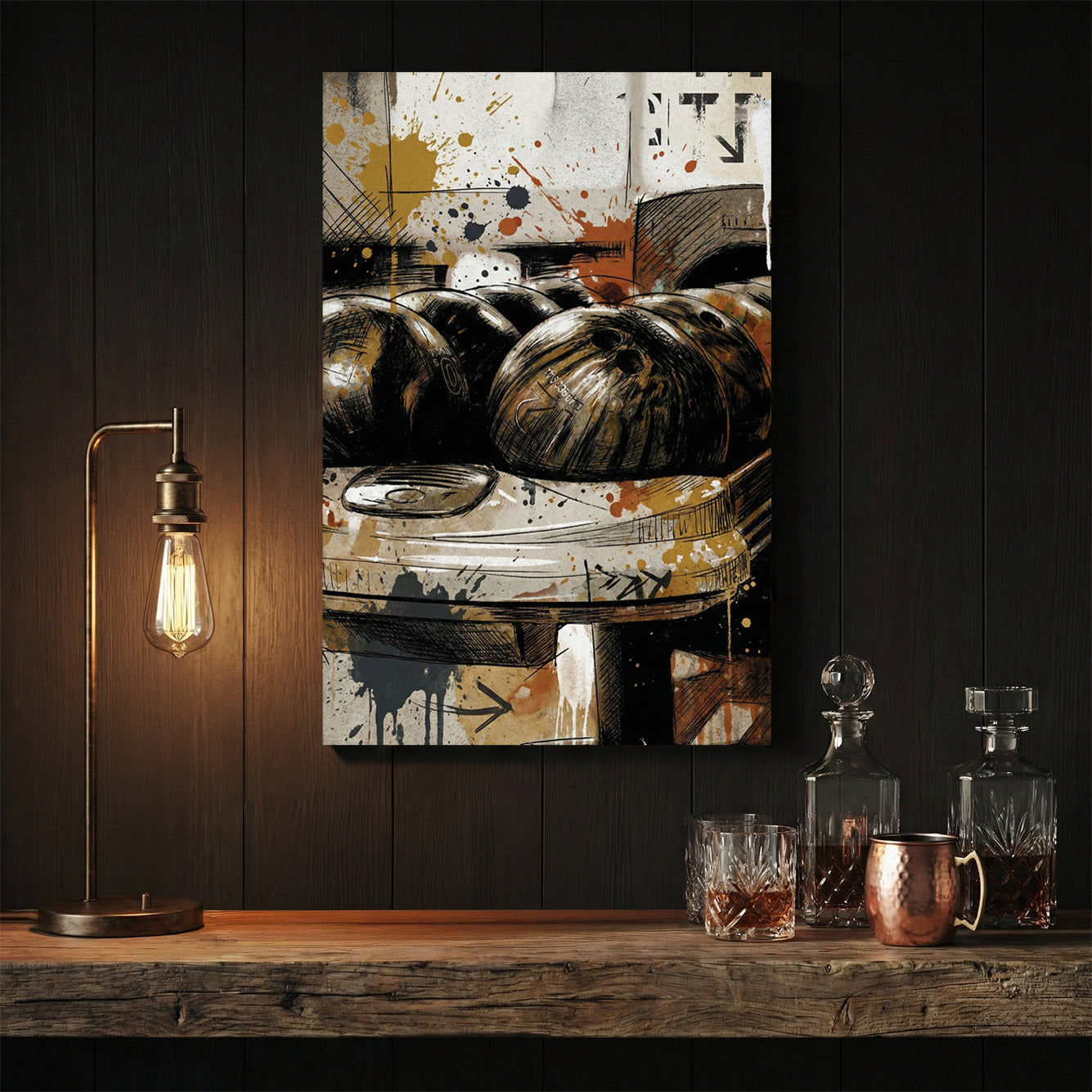 Bowling balls in alley with retro mixed media style