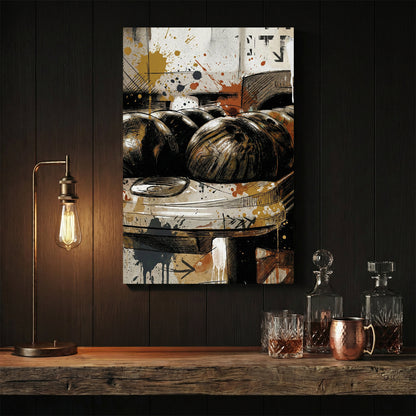 Bowling balls in alley with retro mixed media style