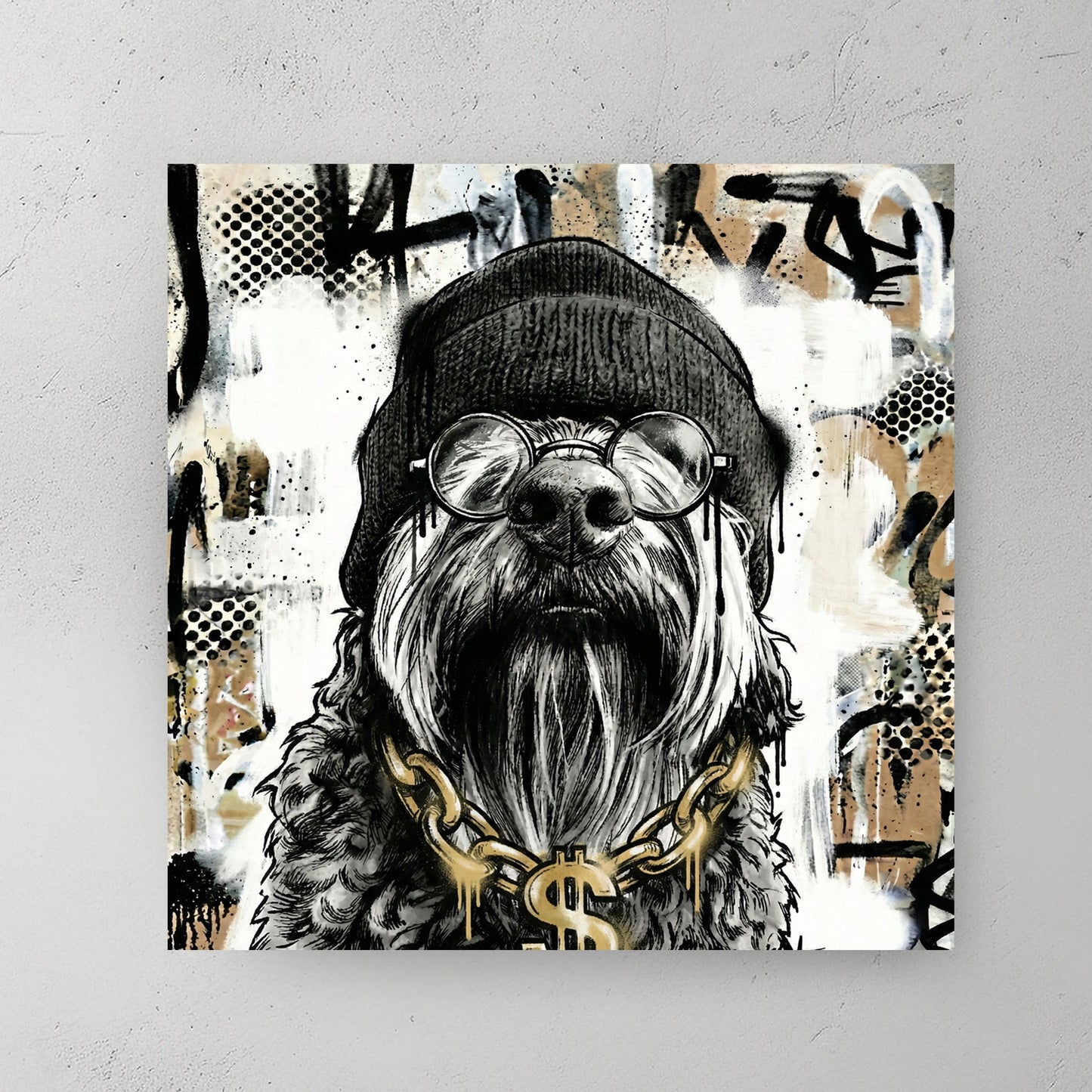 Dog wearing toque glasses and gold chain street art style