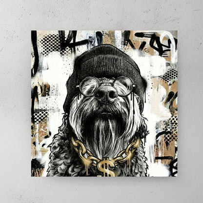 Dog wearing toque glasses and gold chain street art style