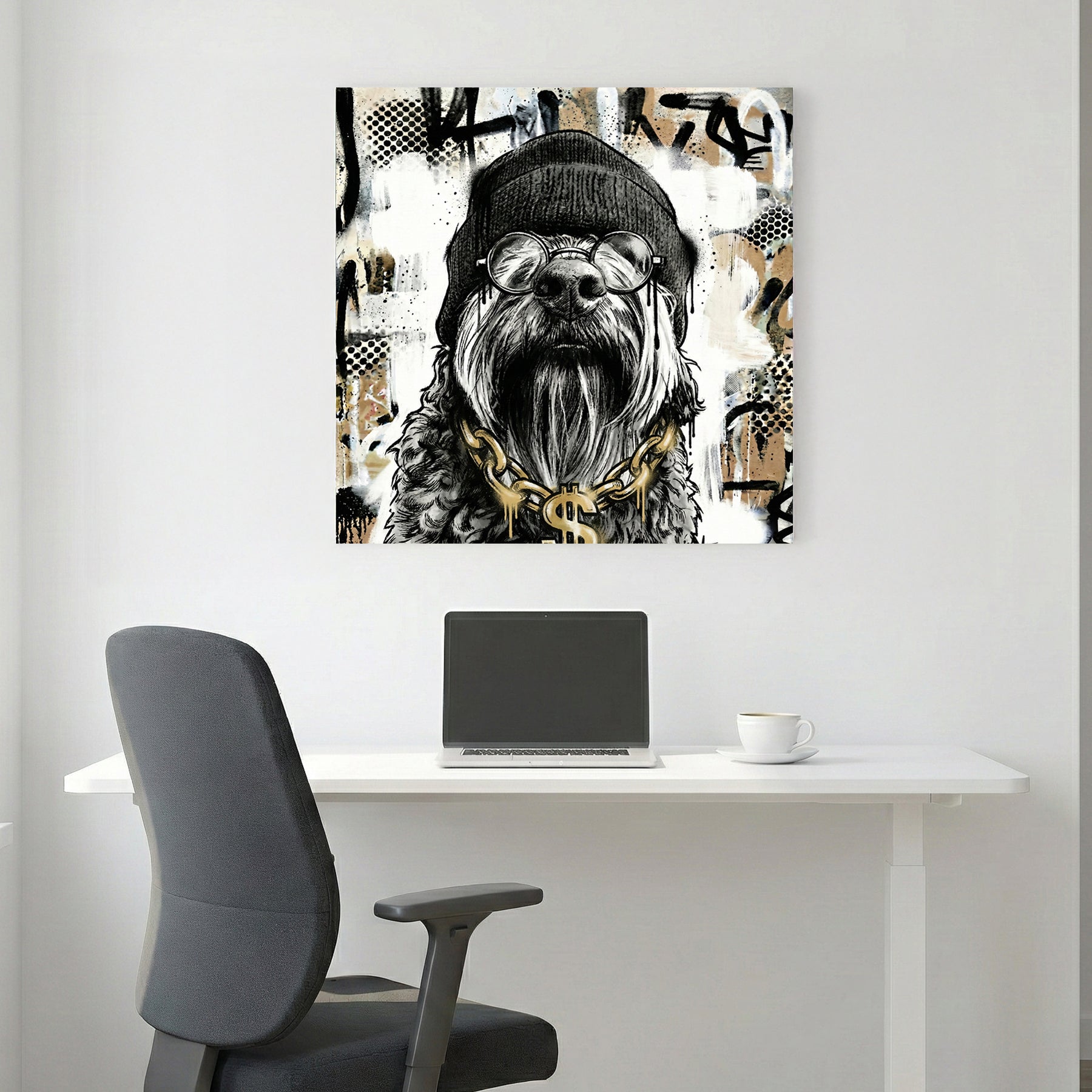 Dog wearing toque glasses and gold chain street art style