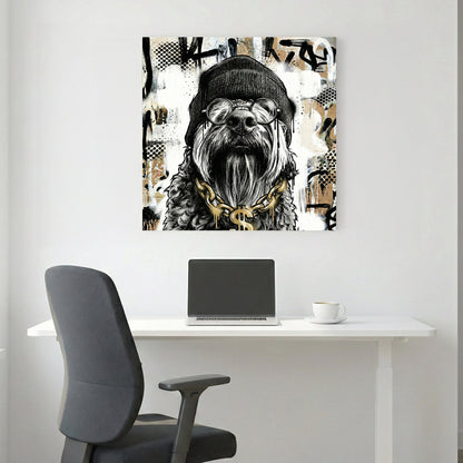 Dog wearing toque glasses and gold chain street art style