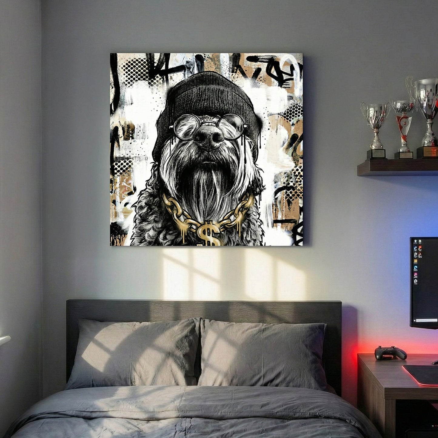 Dog wearing toque glasses and gold chain street art style