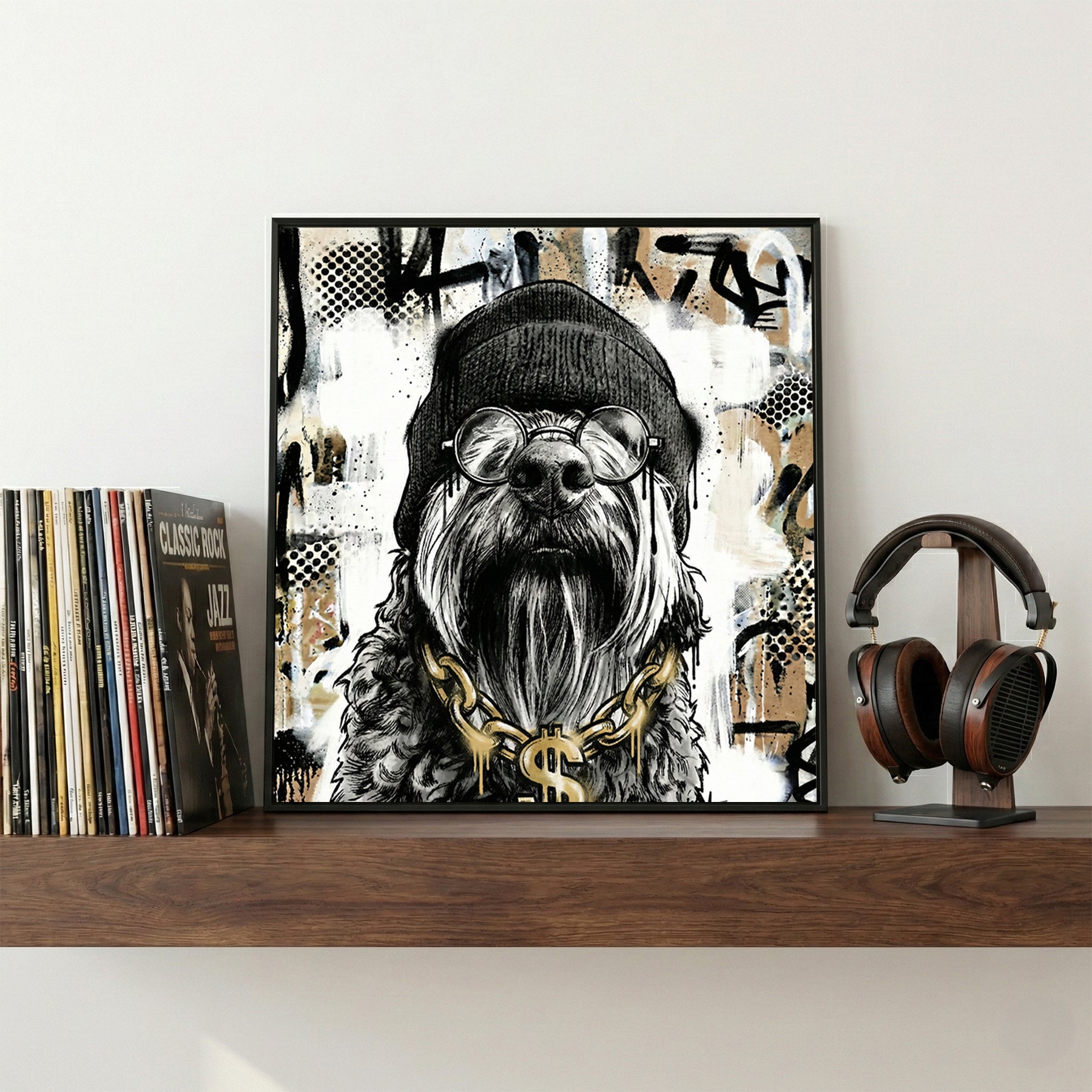 Dog wearing toque glasses and gold chain street art style