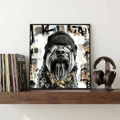 Dog wearing toque glasses and gold chain street art style