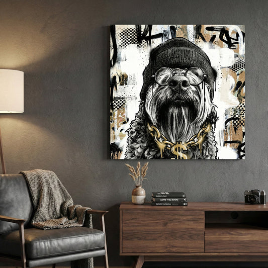 Dog wearing toque glasses and gold chain street art style