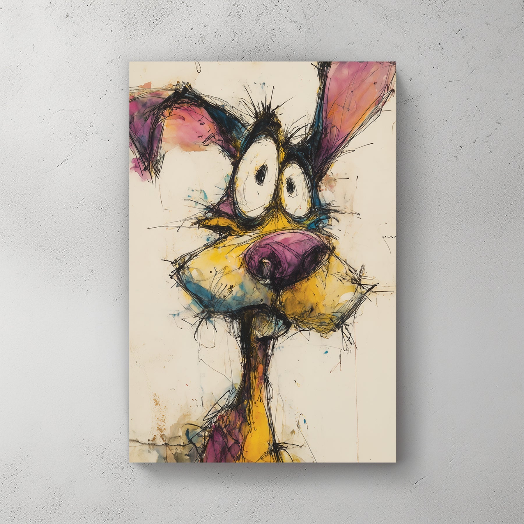 Quirky dog portrait with expressive grin and playful watercolour mixed media style