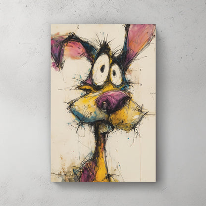 Quirky dog portrait with expressive grin and playful watercolour mixed media style