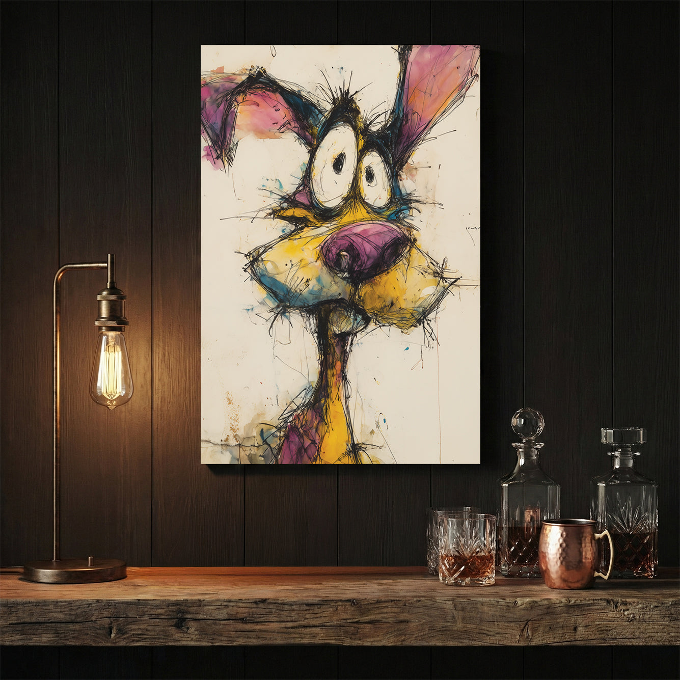 Quirky dog portrait with expressive grin and playful watercolour mixed media style