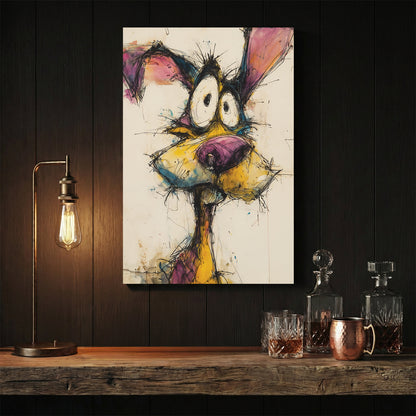 Quirky dog portrait with expressive grin and playful watercolour mixed media style