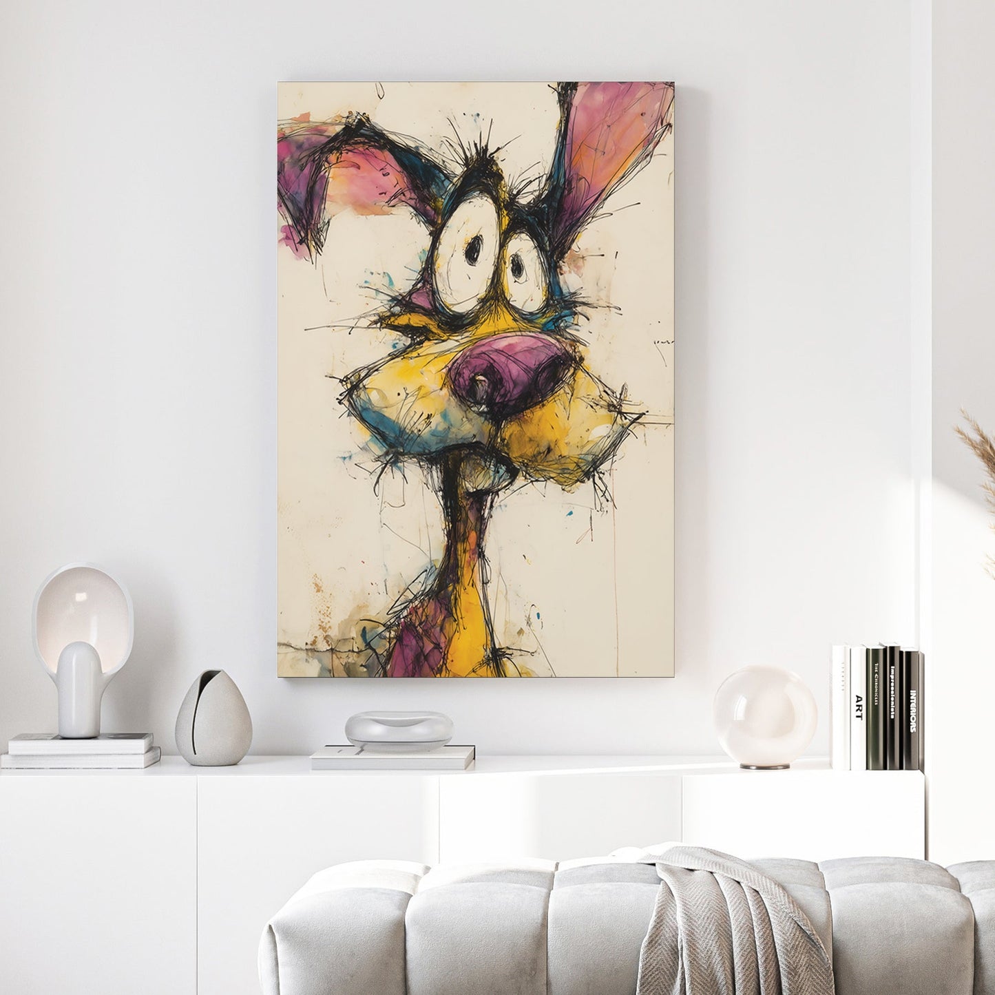 Quirky dog portrait with expressive grin and playful watercolour mixed media style