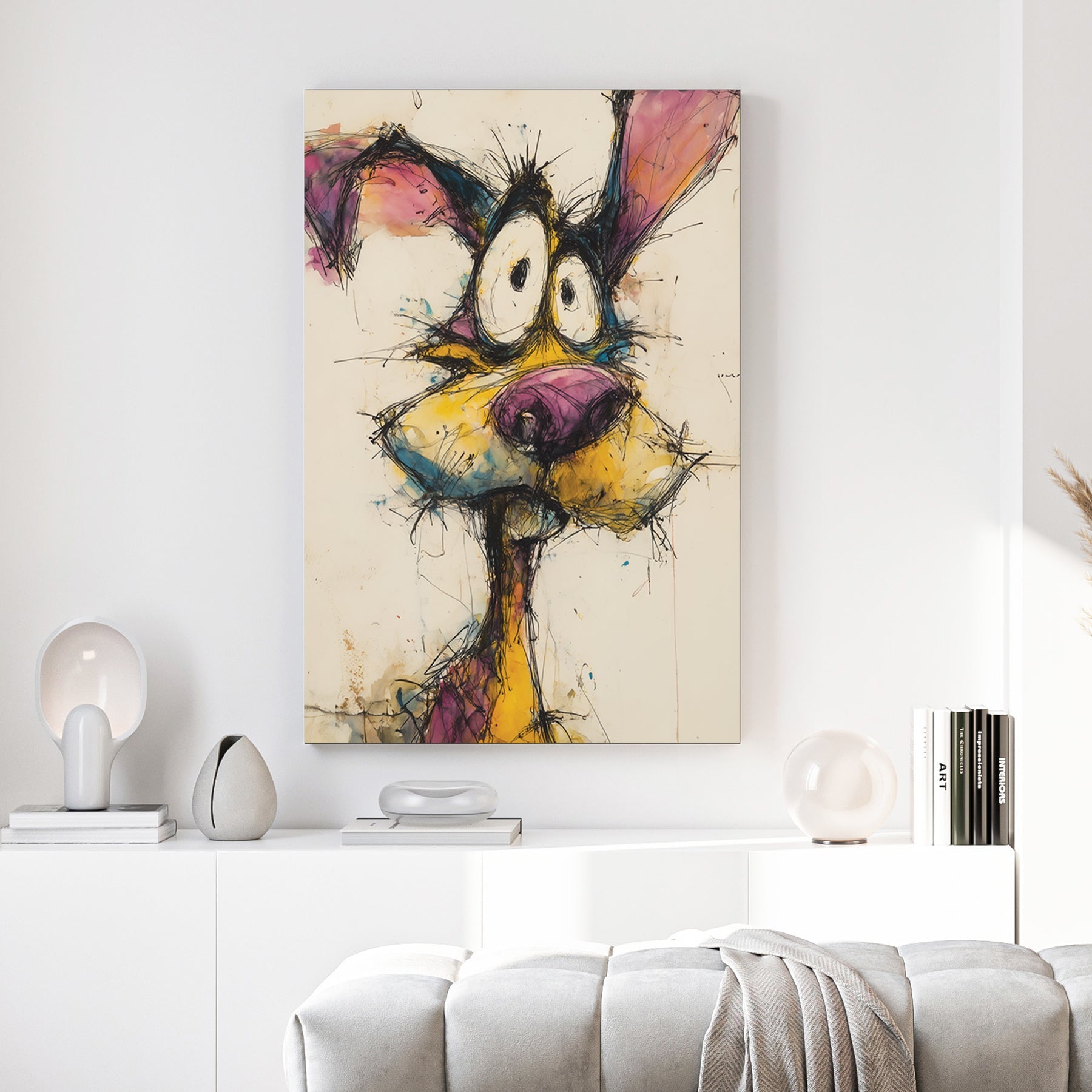 Quirky dog portrait with expressive grin and playful watercolour mixed media style