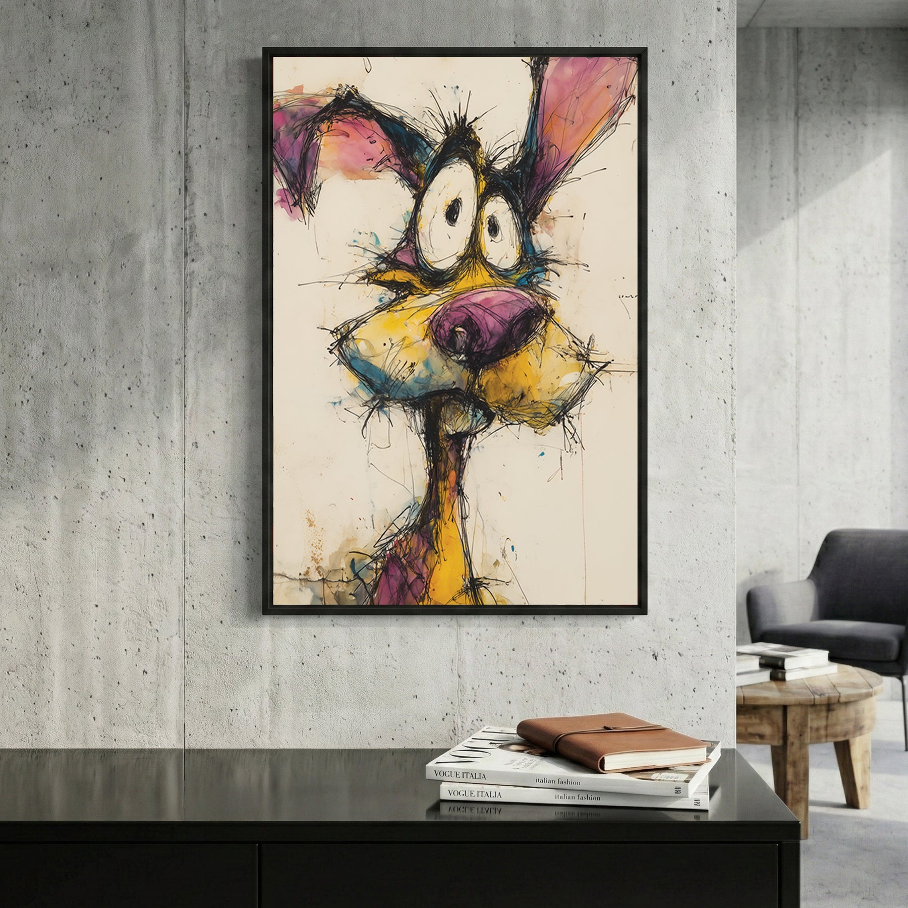 Quirky dog portrait with expressive grin and playful watercolour mixed media style