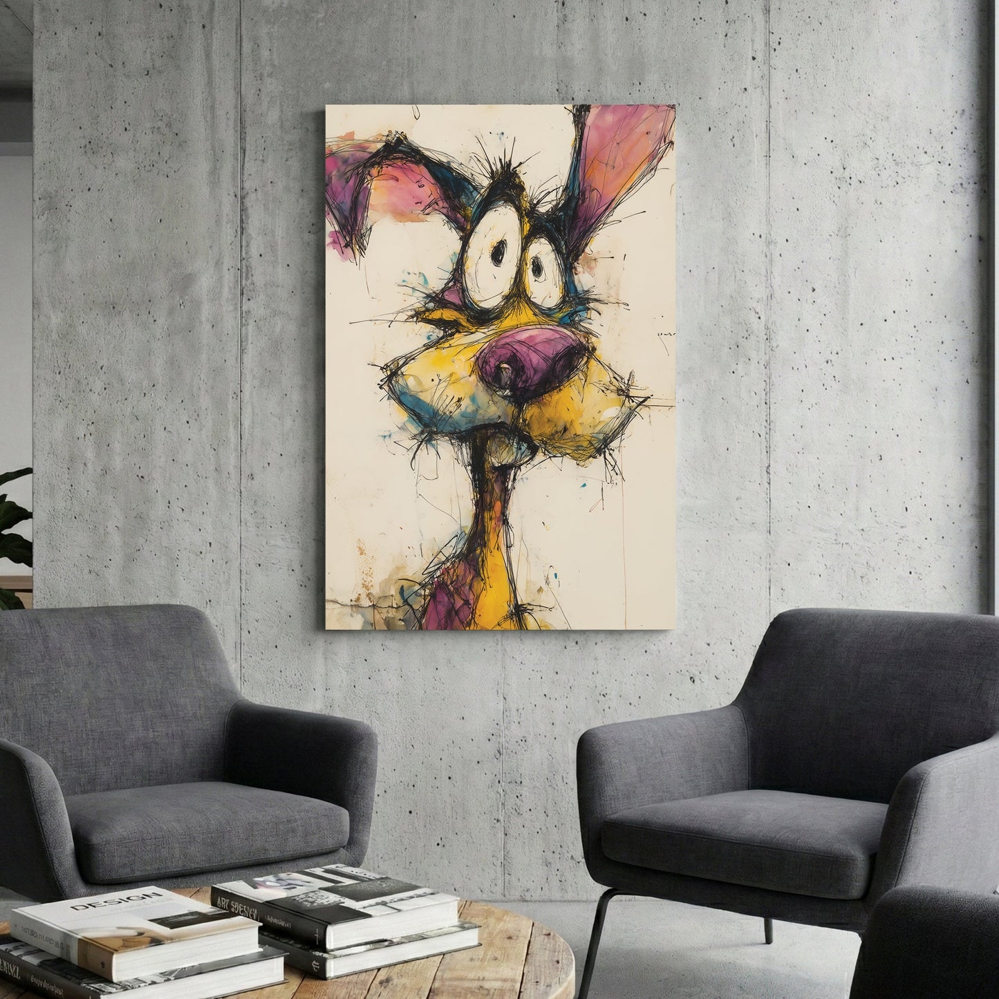 Quirky dog portrait with expressive grin and playful watercolour mixed media style