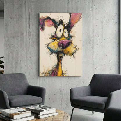 Quirky dog portrait with expressive grin and playful watercolour mixed media style